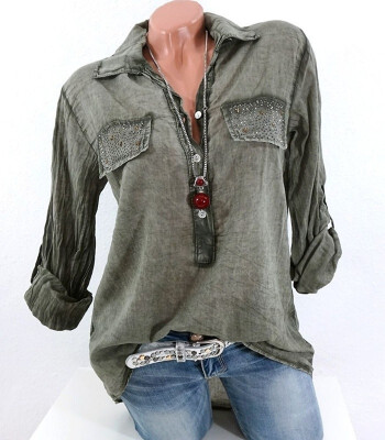 

2018 New Womens Fashion Long Sleeve Lapel Pure Color Casual Loose Blouse