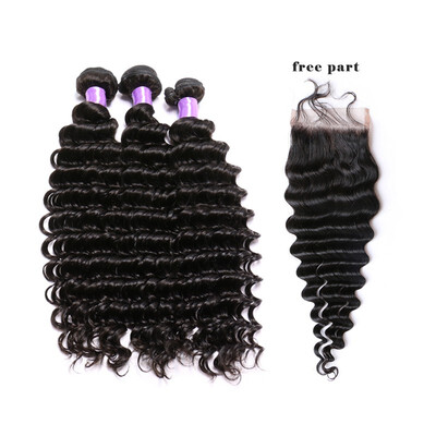 

10A Human Hair Bundles With Closure Brazilian Deep Wave 3 Bundles With Closure Brazilian Virgin Hair With Closure 1B Color 44 Lac