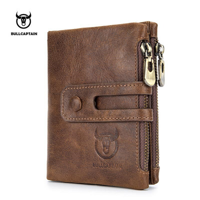 

Bullcaptain caliente Cuero auténtico hombres Carteras crédito tarjeteros doble cremallera monedero billetera de cuero de vaca Cart