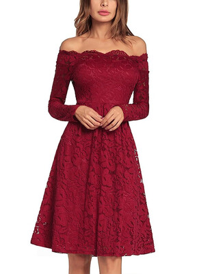 

2018 Hot Vintage Lace Off the Shoulder Long Sleeve A Line Pleated Dress
