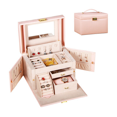 

Chuppies leather square jewelry box jewelry box princess European style jewelry storage box multi-function flannel wooden with lock makeup mirror gift female pink