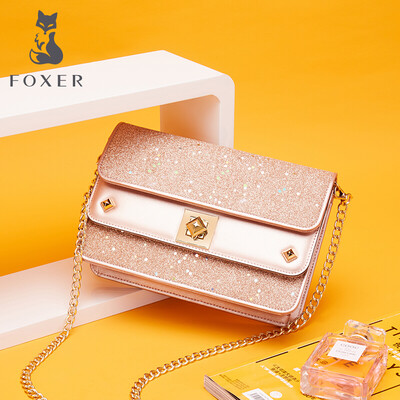 

Golden Fox FOXER bag female cowhide fashion glitter pink star lady wild shoulder bag mini ins ladies messenger bag small square bag 941023F1W rose gold