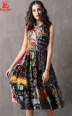 

M L vintage new summer 2018 long dress women sleeveless print cotton slim A line mid calf elegant lady