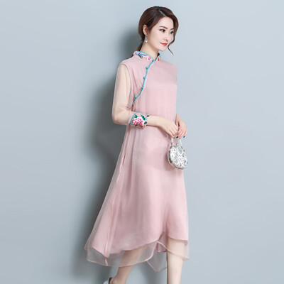 

2018 Новый китайский стиль Cheongsam пион вышивка Loose платье