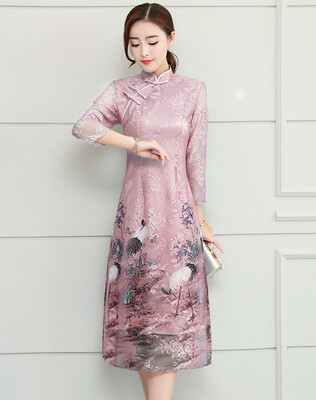 

2018 Весна Новая Обрезанная Длина Рукава Cheongsam Печать Китайский Slim Cheongsam Платье