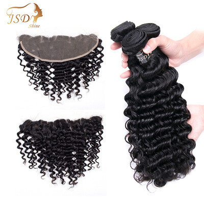 

JSDshine Indian Human Hair Bundles with Frontal Deep Wave Hair 3 Bundles With 13x4 Lace Frontal Virgin Human Hair Extensions