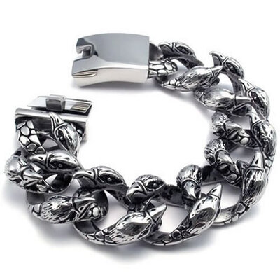 

Hpolw Heavy Large Stainless Steel Gothic Hawk Eagle head Biker Mens black&silver hollow Spring buckle Bracelet