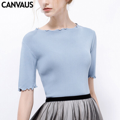 

Canvaus Summer Women Wave Cuffs Simple Slim Solid Elegant Temperament Short-sleeved T Shirt