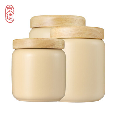 

JINGZAO Sealed cans Ceramic storage tank Wooden cover Moisture-proof candy snack jar 700ML