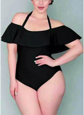 

2018 Plus Size Velvet Ruffle Halterneck Off The Shoulder Swimsuit One Piece