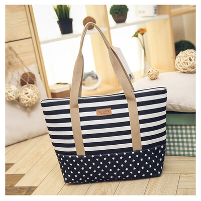 

SMOOZA Fashion Striped Casual Tote Women Canvas Handbag Casual Shoulder Shopping Bags Beach Zipper Large Bag Sac A Main Bolsas
