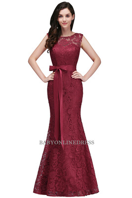 

Elegant Burgundy Lace Mermaid Evening Dresses 2018 Sleeveless Formal Party Dresses With Belt