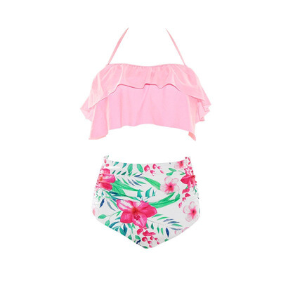 

Fashion Sexy Women Ruffle Swimwear Vintage High Waist Striped Bottom Bikini Set