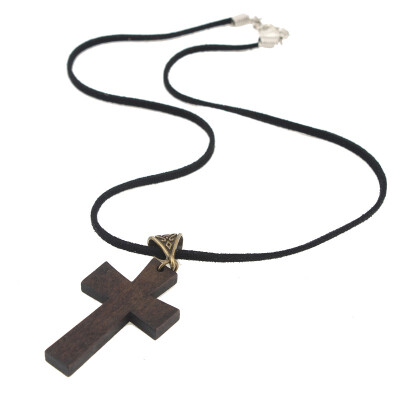 

Fashion Vintage Antique Bronze Design Velvet Cord wooden cross Clavicle Necklace