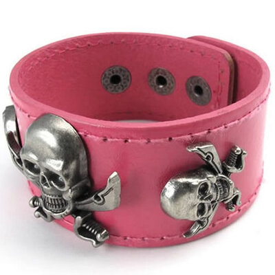 

Hpolw Wide Leather Pirate Skull Bangle Womens Cuff Bracelet Fits 7" to 8" Pink Brown