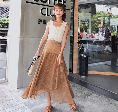 

Elastic Waist Chiffon Floral Print Irregular Midi Skirts Women Elegant Ruffles High Waist Boho Skirts Faldas Mujer Saias