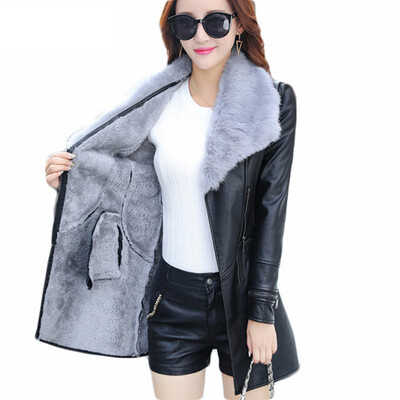 

Winter 2018 New Fashion Leather PU Jacket Big Fur Collar with Belt Long Plus Size PU Leather Jacket Outwear Coat