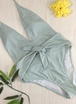 

2018 Women V-Neck Bow Solid Bathing Suit One Piece Swimsuit