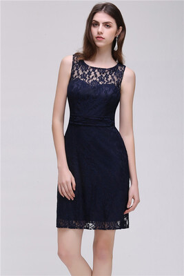 

Sheath Sleeveless Navy Blue Lace Short Prom Dresses