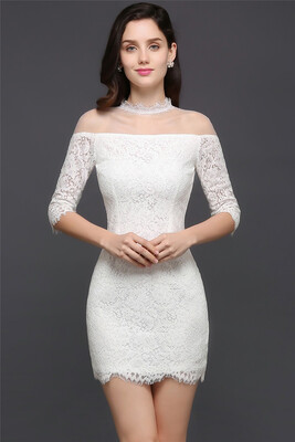 

Sheath Off-The-Shoulder Mini-Length Lace Homecoming Dress With Long Sleeves