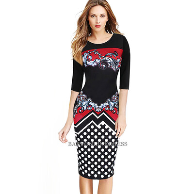 

Berydress Women O-neck Half Sleeve Polka Dot Vintage Floral Printed Slimming Sheath Bodycon Pencil Vestidos Womens Office Dress
