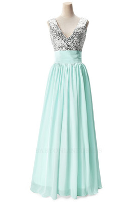 

2018 V Neck Sequined Chiffon Long Prom Dresses Sleeveless Formal Party Evening Bridesmaid Dresses