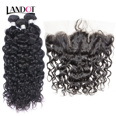 

8A Indian Water Wave Virgin Hair With Lace Frontal Closure 3 Bundles Wet And Wavy Curly Human Hair Weaves And Closures 4 Pcs Lot