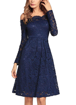 

Vintage Lace Off the Shoulder Long Sleeve A Line Pleated Dress 2018 Hot