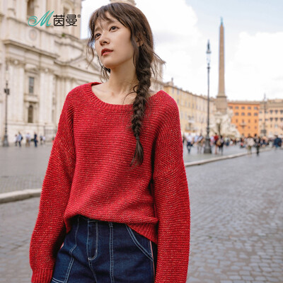 

INMAN 2018 autumn new round neck drop shoulder sleeves wild solid color pullover sweater female 18831VP32347 royal blue