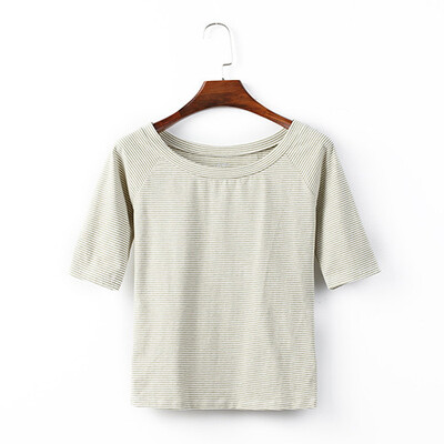

Canvaus Summer New Fashion Slim O-neck Commuter Horizontal Striped Half-sleeved Office Lady Cotton T-shirt