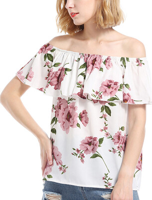 

Womens Summer Off Shoulder Floral Print Blouse Tops Casual Ruffle Shirt