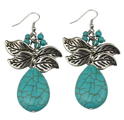 

Idealway Silver Leaves Waterdrop Natural Turquoise Beads Hook Drop Earrings Females Earrings