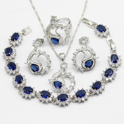 

Dark Blue Sapphire 925 Silver Jewelry Sets For Women Bracelet Earrings Necklace Pendant Rings 2018 New