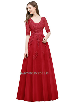 

Babyonline A-line V-neck Half Sleeves Dust Pink Lace Evening Dresses 2018 Backless Applique Long Party Dresses
