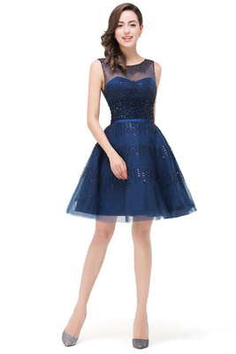 

A-Line Sleeveless Crew Tulle Appliques Short Prom Dresses