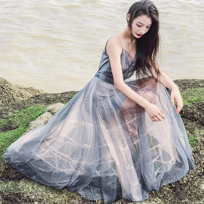 

Summer Blue&grey Women Tulle Patchwork Designer perspective Elegant Dress