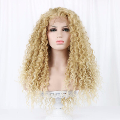 

24" Blonde Lace Front Wig Synthetic Hair Natural Hairline 340g Brown Black Lace Front Curly Wigs For Black Women