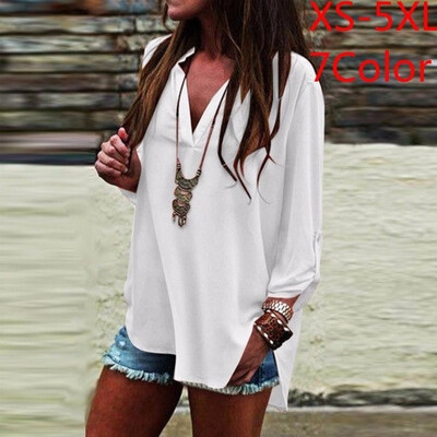 

Women Sexy Deep V-neck Irregular Hem Loose Long Sleeve Shirt Tops Causal Chiffon Sweatshirt Pullover Blouse Solid Color Ladies Fas