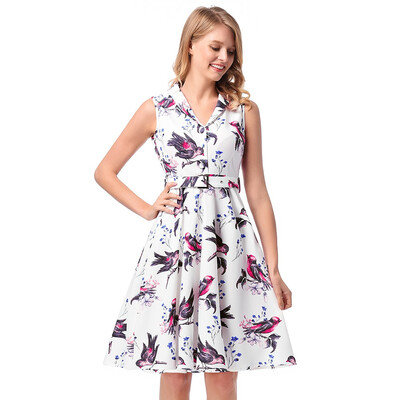 

Women 1950s Vintage Pretty High Quality XXL Dresses Evening Sleeveless V-neck Summer Print Retro Sashes Tunic Dress Femme Robe