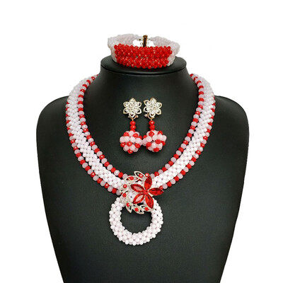 

Handmade Red And White Color Jewelry Nigerian Bride Bridal Crystal Beads Statement Necklace African Wedding Jewelry Set For Women