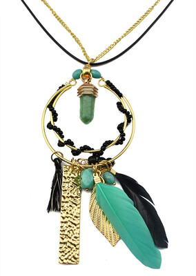 

Idealway Bohemian Long Double Chains Nature Turquoise Circles Pendant Feather Leaf Resin Beads Threads Sheetmental Tassel pendant Necklaces Women Jewelry