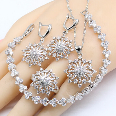 

2018 New White Topaz Women Silver 925 Jewelry Sets Flower Shape Earrings Bracelet Rings Necklace Pendant