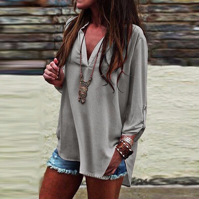 

Women Sexy Deep V-neck Irregular Hem Loose Long Sleeve Shirt Tops Causal Chiffon Sweatshirt Pullover Blouse Solid Color Ladies Fas