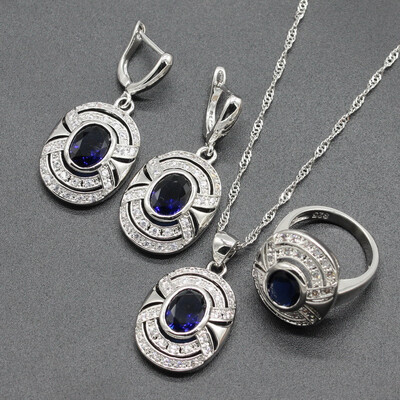 

Fashion Purple Stone Silver Plated Jewelry Sets for Women Necklace Dangle Earrings Ring Seven Colors Available Free Jewelry Box