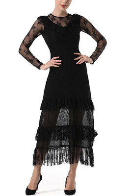 

Sheer Lace Mesh Ruffles Layered Women Long Dress Homecoming Dress
