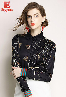 

M L XL XXL office new summer 2018 women blouse shirt long sleeve black digital print elegant lady top with collar