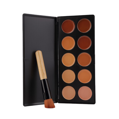 

10-Colors Face Makeup Concealer Palette + Wood Handle Flat Angled Brush Black