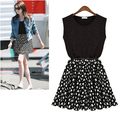 

New Women's Slim Summer Dress Sleeveless Round Neck Flower Print Chiffon Dress