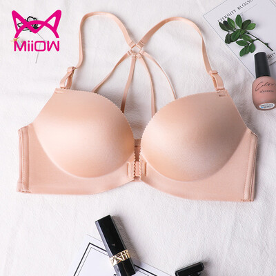 

Cat man sexy front buckle beauty back no steel ring ladies underwear seamless cross small chest gathered bra adjustable bra W5052 skin color 85B