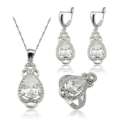 

EIOLZJ Trendy Fashion Water Drop White Cubic Zirconia Silver Plated Jewelry Sets for Women Free Jewelry Box